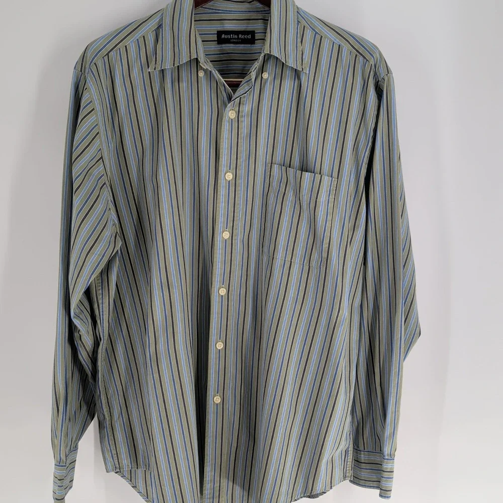 Austin Reed London Classic Striped Cotton‎ Button Down Shirt Green Blue Size L
